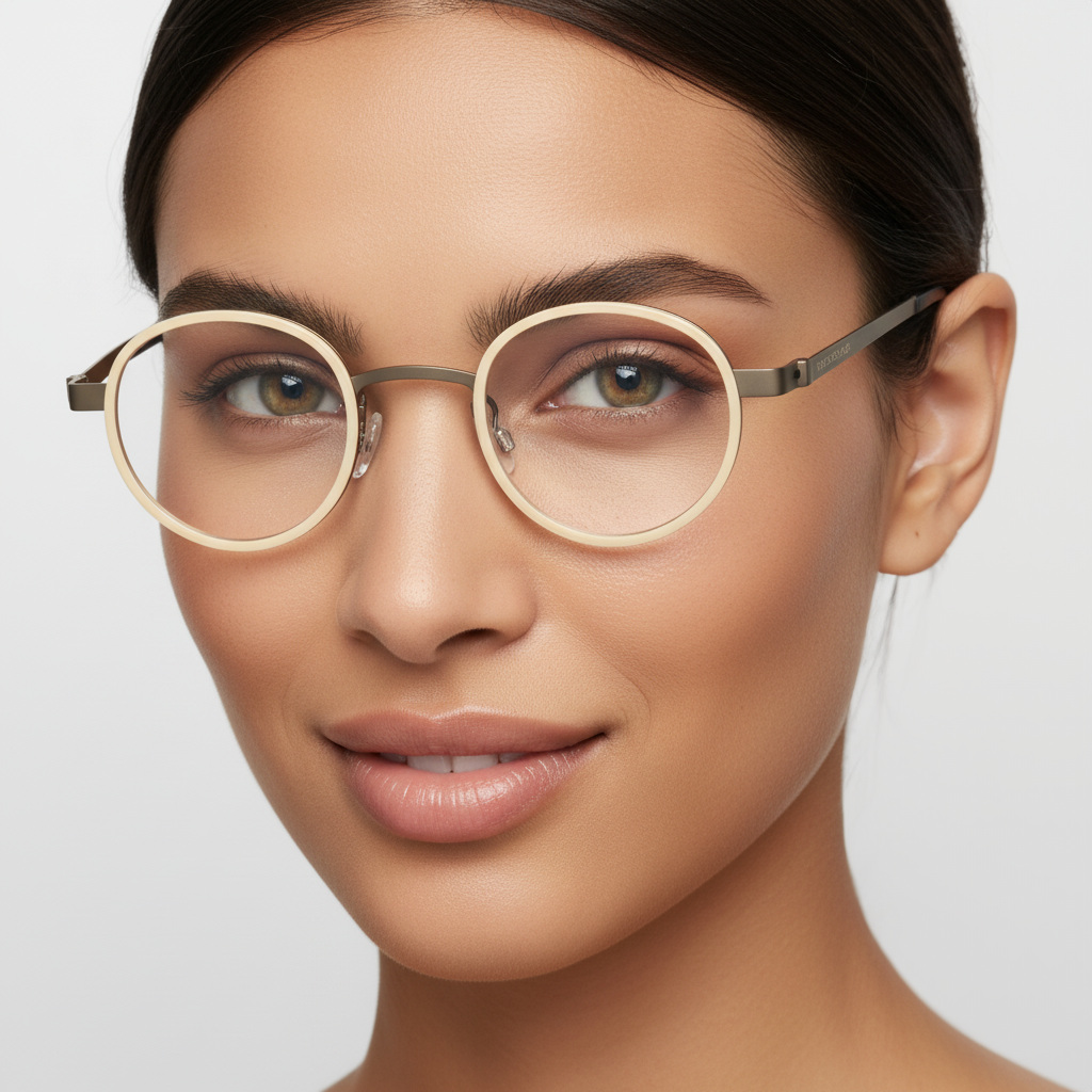 Close-up of a person wearing gold-rimmed glasses on a plain background